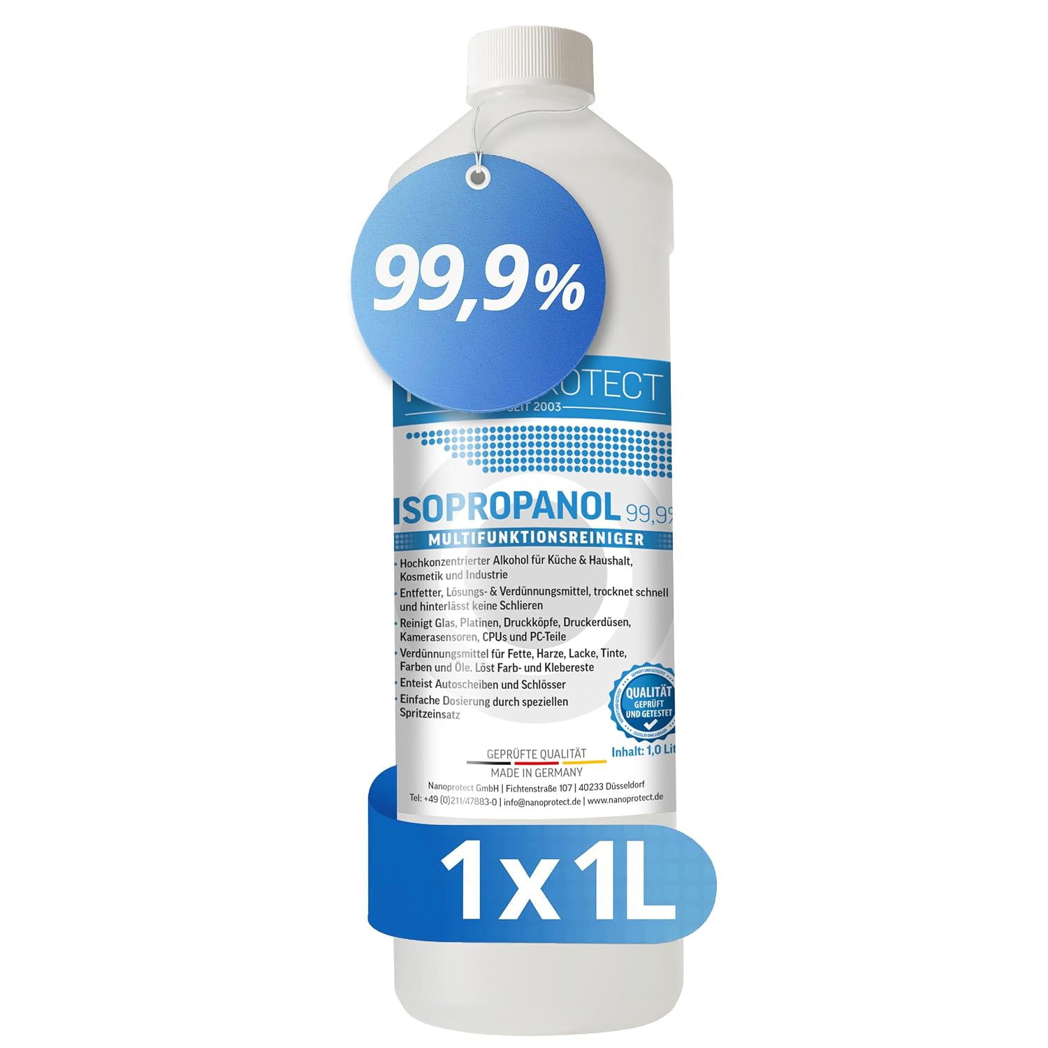 Nanoprotect Isopropanol 99,9% | 1 liter reiniger | Isopropylalcohol met hoog gehalte | IPA-reinigingsalcohol voor thuis en elektronica | Made in Germany