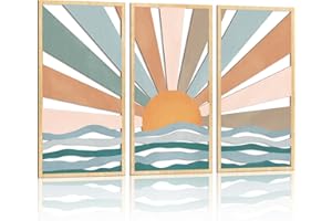 KAIRNE Boho Sun Wall Art,Sea Sun Art Prints,Mid Century Sun Wall Decor for Living Room,Geometric Bohemian Artwork (16”x32”,Framed),3D Minimalist Abstract Boho Wall Decor for Bedroom Home Kitchen Decor