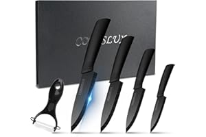 CORESLUX Couteau Ceramique Cuisine, Couteaux en céramique Couteaux de Cuisine (6" Couteau Chef, 5" Couteau Utilitaire, 4" Couteau à Fruits, 3" Couteau à éplucher, Éplucheur pour Fruit et Légume)