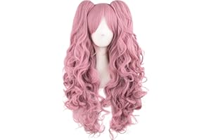 MapofBeauty Lolita lange lockige geheftet auf Pferdeschwanz Cosplay Perücke (Pinkgrau)