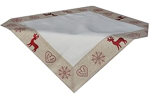 ‎MYZIRBE Tischläufer - Hirsch - beige und weiß rot bestickt sehr schöne festliche Stickerei für Winter Weihnacht Tischdecke, Größe:85 x 85 cm