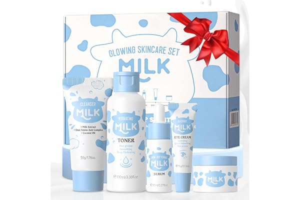 Skincare Kit Milk, Soins pour le Visage Adolescente, 5pcs Coffret Beauté Femme Skincare, pour Une Peau Éclatante et Hydratée, Nettoyant, Toner, Sérum, Crème Contour des Yeux et Crème