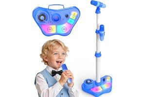 Dislocati Barnmikrofon Med Stativ Och HöGtalare, BäRbar Karaokeleksak Med Dubbla Mikrofoner Och Blå Led-Lampor, Justerbar HöJd 47–108 Cm, Present Till Barn FråN 3 åR, FöDelsedagsfest