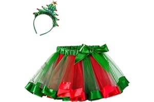 es-uk Girls Christmas Tutu Skirt & Tree Headband Set – Red & Green Layered Tulle Skirt with Satin Trim – Holiday Fancy Dress Outfit for Toddler & Kids – Festive Xmas Costume