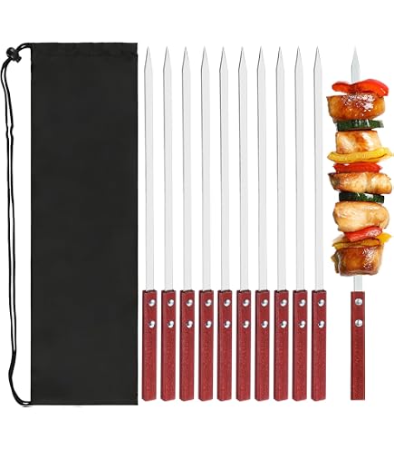 MINGBOLIN Grillspiesen Van Roestvrij Staal – 8 Stuks, Plat Model, 44 Cm Lang, Met Eikenhouten Handvat, Inclusief Draagtas, Vaatwasmachinebestendig, Herbruikbaar Voor BBQ En Camping