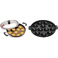 Tosaa 12 Cavity Appam Patra Side Handle with Lid, 23 cm, Black & Non-Stick 12 Cavity Appam Patra, 21cm Combo