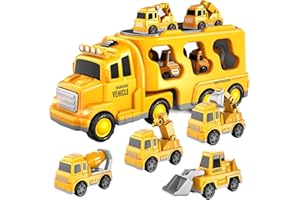 BLmukce 5 in 1 Baufahrzeuge Spielzeug für Jungen ab 3 4 5 Jahre, Autotransporter LKW mit 4 kleinen Autos, Reibungs-Kran, Mischer, Buldozer, Bagger, Geschenk für 2 3 Jahre Kinder