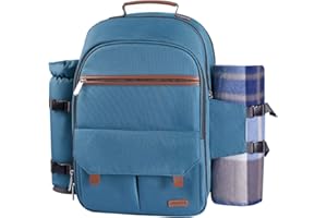 Sunflora Sac à Dos Pique Nique 4 Personnes Deluxe avec Poche Sac Pique-Nique Isotherme Panier Pique Nique avec Vaisselle et Couverture pour Camping Familial pelouse(Bleu Clair)