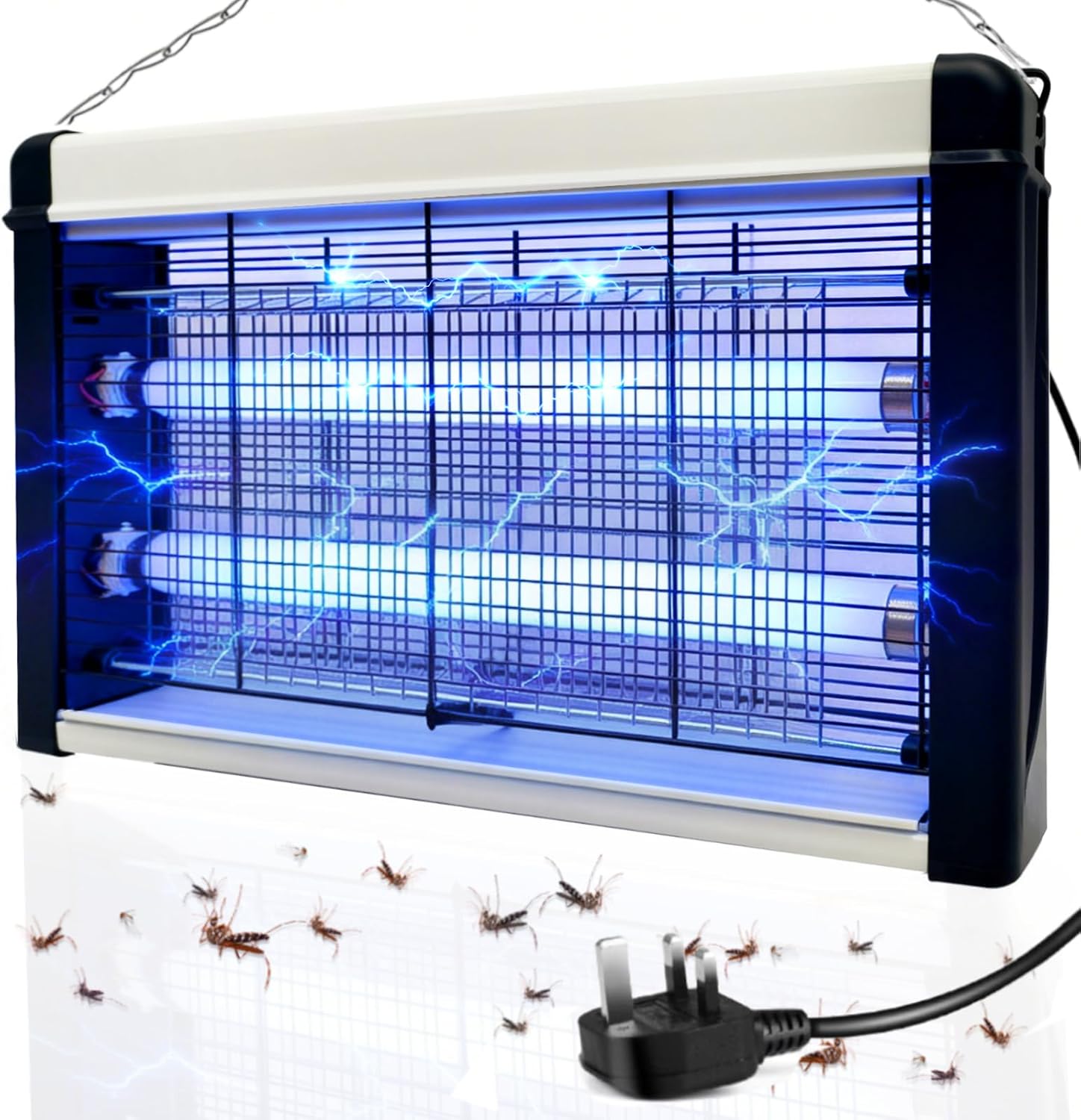 Fly Zapper Electric Indoor, 3500V High-Voltage Insect Killer with 20W UV Light (365nm), Powerful Mosquito & Fly Zapper with Washable Tray & Hanging Chain, Safe Quiet Operation, UK Plug