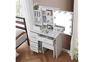 Puselo White Dressing Table Vanity Table with Mirror and Stool Makeup Vanity Table with Lights and Drawers,Cushioned Stool,Vanity Desk for Women Girls Bedroom (Modern07)
