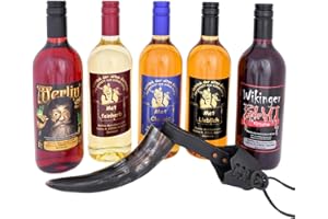 Battle-Merchant - Met Probier-Paket - 5 Flaschen Honigwein mit echtem Trinkhorn und Gürtelhalter aus Leder - Honigmet Horn Geschenk Wikinger Mittelalter LARP Set