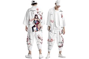 YOSUWOAI Ensemble kimono traditionnel pour homme - Costume yukata ample - Style japonais - Anime - Imprimé traditionnel - Cardigan - Pantalons - Veste fine - Cardigan japonais - Combinaison sarouel