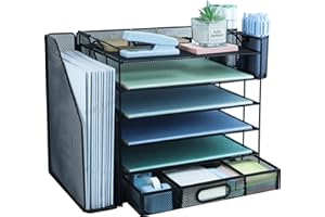 HIHOBDAY 6 Tier Desk File Organiser with Extra Vertical File Sorter, A4 Paper Letter Tray with Stationery Drawer, Magazine Document Holder for Home Office, Black