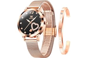OLEVS Ladies Watches Rose Gold Stainless Steel Mesh Strap Heart Diamond Fashion Dress Japanese Quartz Waterproof Luminous Bracelet Sets (Black)