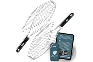 LEÓN Goods - Barbecue à poisson en acier inoxydable - Pince à barbecue pour barbecue - Accessoires de qualité supérieure - Support pour poisson avec eBook Catch and Cook (2 x set + eBook)