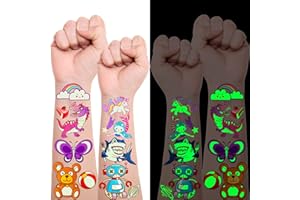 AIRNOGO Tatuaggi per Bambini 30 Fogli 400 Style Tatuaggi Luminosi per Bambini con dinosauri Sirena Unicorno Farfalle Squalo Spazio Auto ecc, Gadget Compleanno Bambina e Bambino, Regalini Fine Festa Compleanno