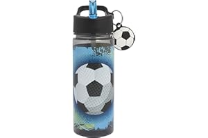 Polar Gear Football 500ml Kids Water Bottle with Straw - Back to School Supplies, Drinks Bottle with Keyring Charm, Black & White