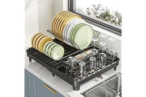 YunNasi Escurridor de Platos Extensible (32-52,5 cm) Acero al Carbono Negro Organizador Cocina Fregadero con Bandeja Recogegotas y Portacubiertos Secador Ajustable Escurridor de Vajilla