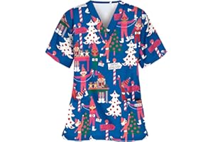Celucke Womens Christmas Graphic Print Scrubs Tops, Nurse Uniforms, Workwear Uniform Tunics, Short Sleeve V-Neck Santa Claus Healthcare Beauty Tunic Tops, Adult Working Uniforms Multi-Pocket
