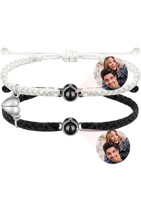 Bracelet Personnalisé Avec Photo Projection - Pendentif Rond - Cadeau Unique Pour Homme, Femme, Couple - Anniversaire, Noël, Fête Des Mères