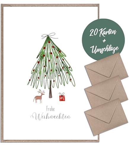 Biglietti di Natale con buste in carta kraft – 20 pezzi | impreziositi con glitter | famiglia