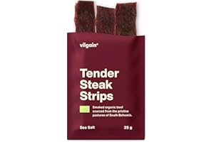 ‎VILGAIN Vilgain Getrocknete Steakstreifen BIO – 25 g, 98,5% hochwertiges Rindfleisch, proteinreich, salziger Snack, ohne Zusatzstoffe, aus zertifizierten Bio-Betrieben, ideal für unterwegs