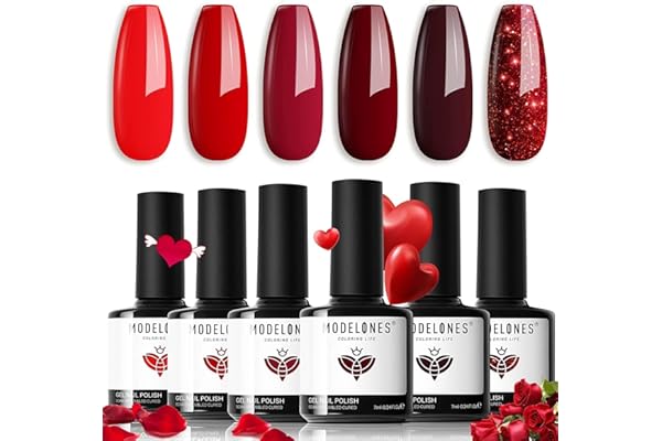 modelones Vernis à Ongles Semi Permanent, 6 Couleurs, Soak Off Vernis Gel Uv Semi Permanent, Avec Boîte Cadeau pour Valentin Noël Nail Art Kit Manucure(Série Rouge)