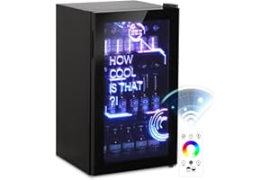 HCK 98L Getränkekühlschrank mit Cyberpunk RGB Beleuchtung, Minibar kleine Kühlschrank mit Glastür, lautlos 39dB, 0-15°C, Bierkühlschrank für Spielzimmer, Küche, Schwarz