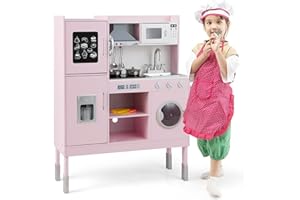 RELAX4LIFE Cocina Juguete con 16 Accesorios y Altura Ajustable 97/101/103cm, Cocinita Infantil con Luces y Sonidos Reales, Espacio de Almacenaje, Cocinita de Madera para Niños 3-8 Años (Rosa)