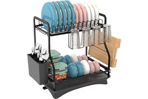 E-MANIS Dish Drying Rack,Dish Rack for Kitchen Counter,2 Tier Dish Drying Rack with Drainboard Dish Drainer with Drainage Utensil Holder for Dish,Cup,Cutting Board