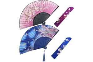 Belegao 2PCS Folding Hand Fans - Elegant Hand Fans with Pouch Tassel Bamboo Silk Fabric Portable Handheld Fan Chinese Fans for Birthday Gifts Cosplay Party Prom Performance Daily