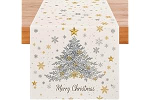 Avalune Camino de Mesa Navidad Gris Árbol Invierno Decoración de Mesa Dorado Copo de Nieve Aspecto de Lino Invierno Moderno Lavable Decoración de Navideña para Fiesta Reunión Familiar 40x140 cm