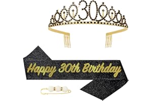 POPOYU Couronne Écharpe Diadème Femme - Kit Cristal Tiara Décoration Fête Anniversaire 30 Ans (Or Noir)