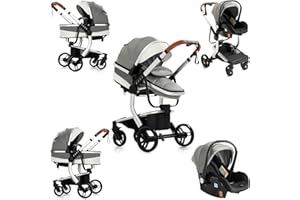 Sianldcone Cuero PU Carrito Bebe 3 en 1, Tejidos de Primera Calidad Carro Bebe 3 Piezas, Empuje Bidireccional Carros Para Bebes, Visión Abierta Silla Paseo Reversible (518 Grey)