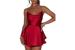 MIOLASAY Kurzer Jumpsuit für Damen, rückenfrei, Satinkleid, sexy Wasserfallausschnitt, kurze Jumpsuits, Krawatte, Rüschen, Spaghettiträger, Minikleid
