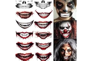 ENYACOS 12pcs halloween mund tattoo+2pcs narben tattoos +2pcs Totenkopf-Handtattoo,joker mund tattoo, halloween prank tattoo, gesichtstattoo Halloween,halloween make up tattoo accessoires (A)