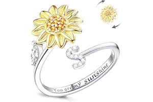 Kucheed Anello Fidget Per Donna, Anello Spinner Regolabile Con Girasole, Cerchio Con Lettera Di Ansia Antistress Impilabile in Argento, Inciso 'You Are My Sunshine'All Interno Del Gioiello