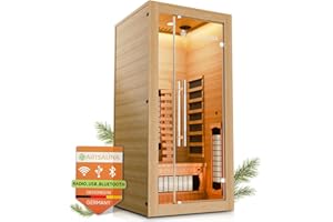 Artsauna Infrarotkabine Kiruna90 Premium mit Vollspektrum- & Flächenstrahler, 1 Person, 90x90x190 cm, LED Farblicht & Glastür, Infrarotsauna Sauna - Rückenstrahler dimmbar