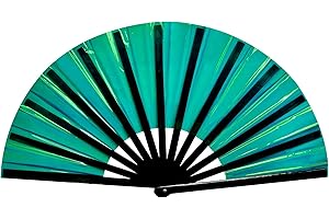 Gionforsy 1 x Rave-Handfächer, Bambus-Handfächer, groß, zusammenklappbar, mit hellen Farben, Stoff-Fächern für Festival (1 x Style4 grün)