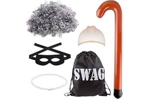 Kavoc 5Pcs Thief Granny Costume Set Include Grey Wig Hairnet Bag Eyemask Necklace and Inflatable Cane for kids World Book Day Dress Up