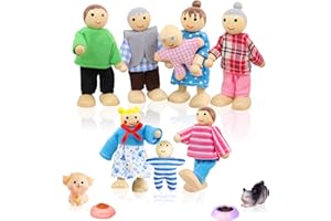 Rosedreamer Puppenhaus Puppen, 14 Stück Hölzerne Puppen Familie Set Biegepuppen Puppenfamilien Figuren mit Katze und Hund Spielzeug Mini Puppenfamilie für Puppenhaus Zubehör Geschenk