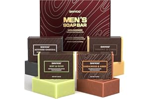 4 Pcs Natural Men`s Soap, SHVYOG Men`s Bar Soap, Handmade Exfoliating, Deep Cleansing, Refreshing, Moisturizing Bar for Body & Face - Sandalwood Amber, Mint, Charcoal, Turmeric, 600g