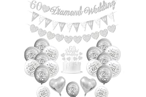 KISPATTI Diamond Wedding Decorations, 60th Wedding Anniversary Decorations 60 Diamond Wedding Banner Happy 60th Anniversary Balloons Silver White Balloons Heart Balloons 60 Diamond Wedding Cake Topper