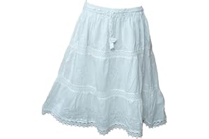 Doorwaytofashion Womens Knee Length Cotton Skirt Tiered Embroidered Adjustable Waist Lined One Size 8 10 12 14 16