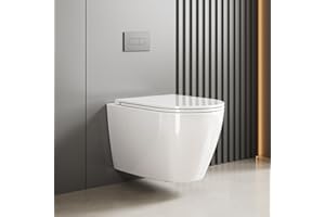 WC Hängend Toilette, Spülrandlos Wand-WC Set aus Keramik mit Toilettendeckel Abnehmbaren Absenkautomatik Effizienter Spültechnik Hängetoilette, D-Form,Lang 55.5cm, Weiß