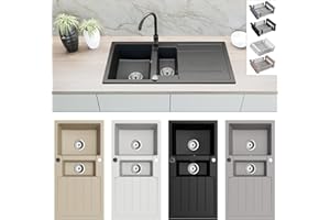 Faizee Home | Granitspüle 100x50 cm – Beidseitig montierbar & kratzfest | Inkl. Spülkorb & Siphon-Set | Hochwertige Küchenspüle aus Granit für modernes Küchendesign (Schwarz, Mit Armatur & Spülkorb)