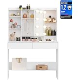 VASAGLE Dressing Table with 9 Bulbs, Strip, Mirror, 2 Drawers | Makeup Table, 3 Colors with Adjustable Brightness, Adjustable