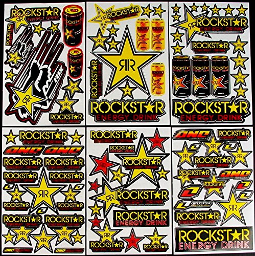6 FEUILLES D'AUTOCOLLANTS PRÉ-DÉCOUPÉ VINYLE MOTOCROSS BMX ROCKSTAR ETC MX BOISSONS éNERGISANTES STRY