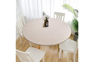 MINGPINHUIUS Nappe ronde en vinyle à bords élastiques – Nappe en plastique imperméable et facile à nettoyer pour intérieur ou extérieur, terrasse, motif végétal (beige, 120 cm de diamètre)