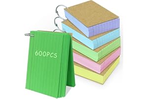 XINGUANGFA A7 Flash Card, 6 Pack 600 Pcs Revision Cards Index Cards Ruled Flashcards Multicolor Kraft Paper Notecards Cue Cards with Metal Binder Rings for Office School Home Study Record